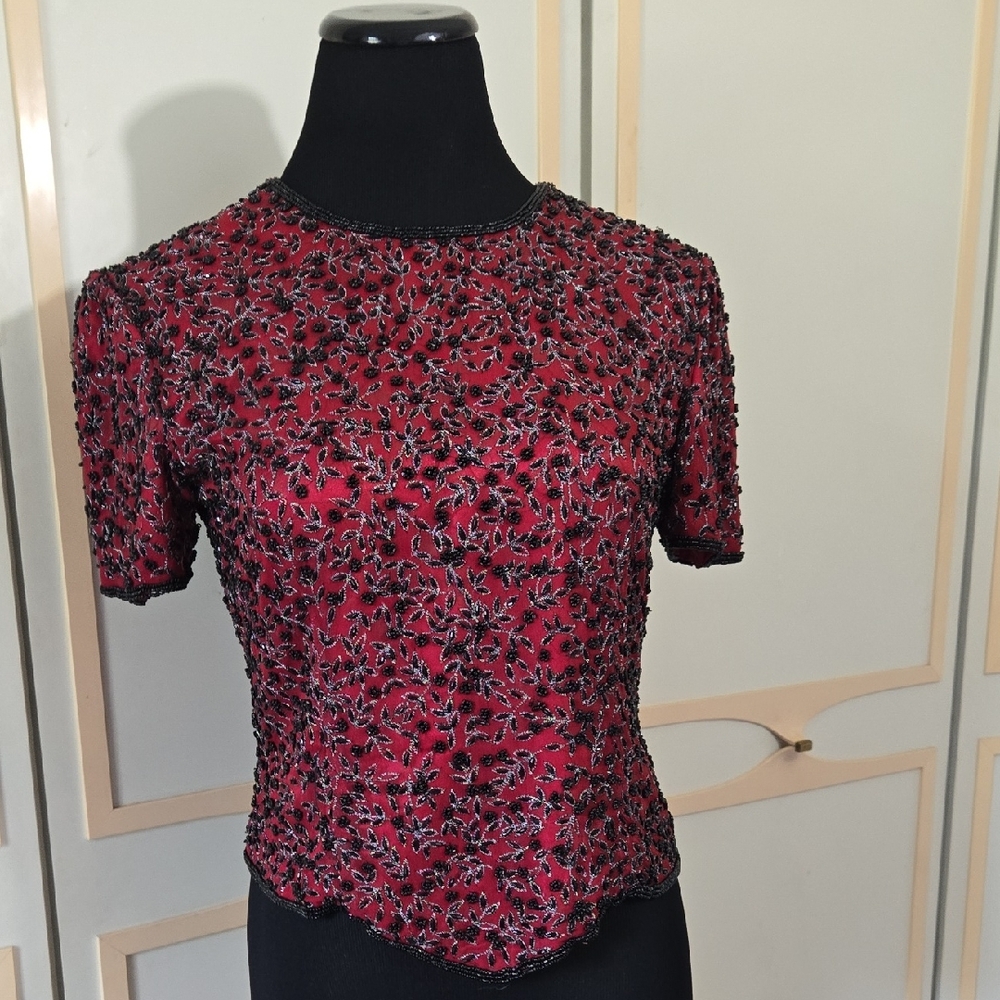 VNTG Silk Beaded Evening Blouse by PAPELL BOUTIQUE in RED~ Black, Silver, SZ S